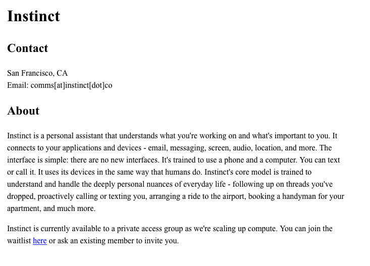 Instinct personal assistant webpage