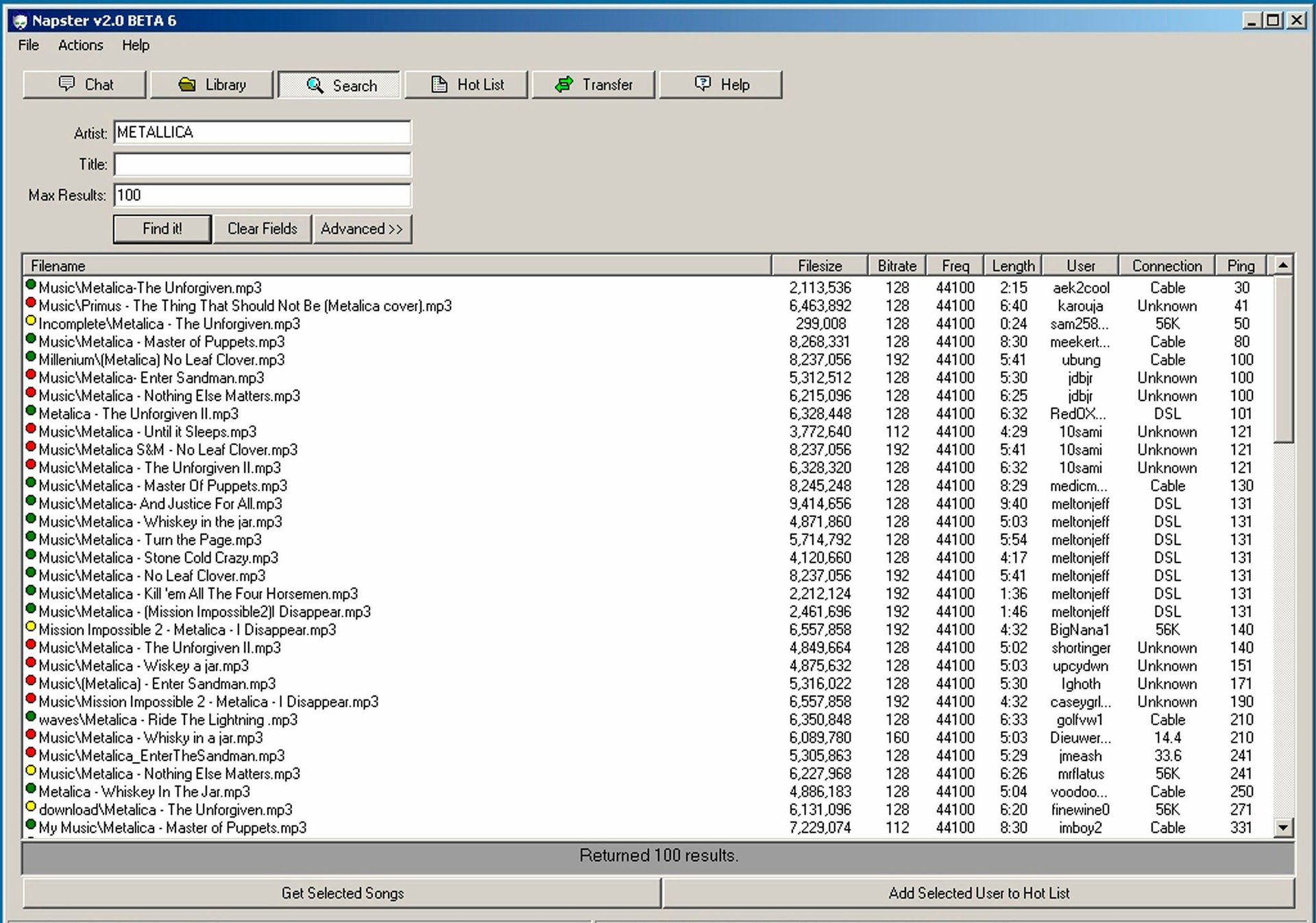 Classic Napster Metallica search results